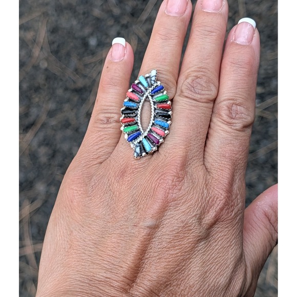 Handcrafted Navajo Cluster Ring Size 7.5 Women's Southwest Signed Jewelry ** - Picture 8 of 9